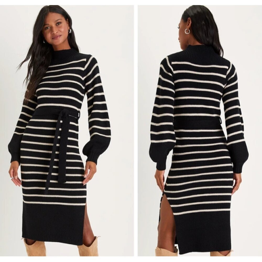 New! Lulus Stripe Things Up Black Striped Mock Neck Sweater Dress 35552